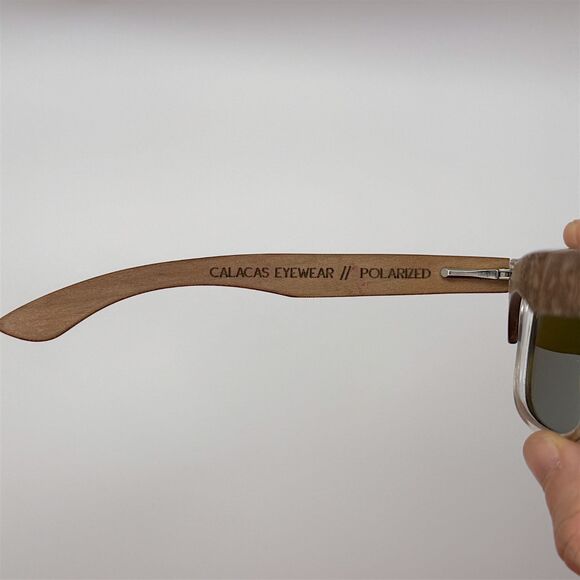 Calacas Eyewear Polarized Sunglasses Blue Lenses Clear & Wood Frame - Picture 6 of 10